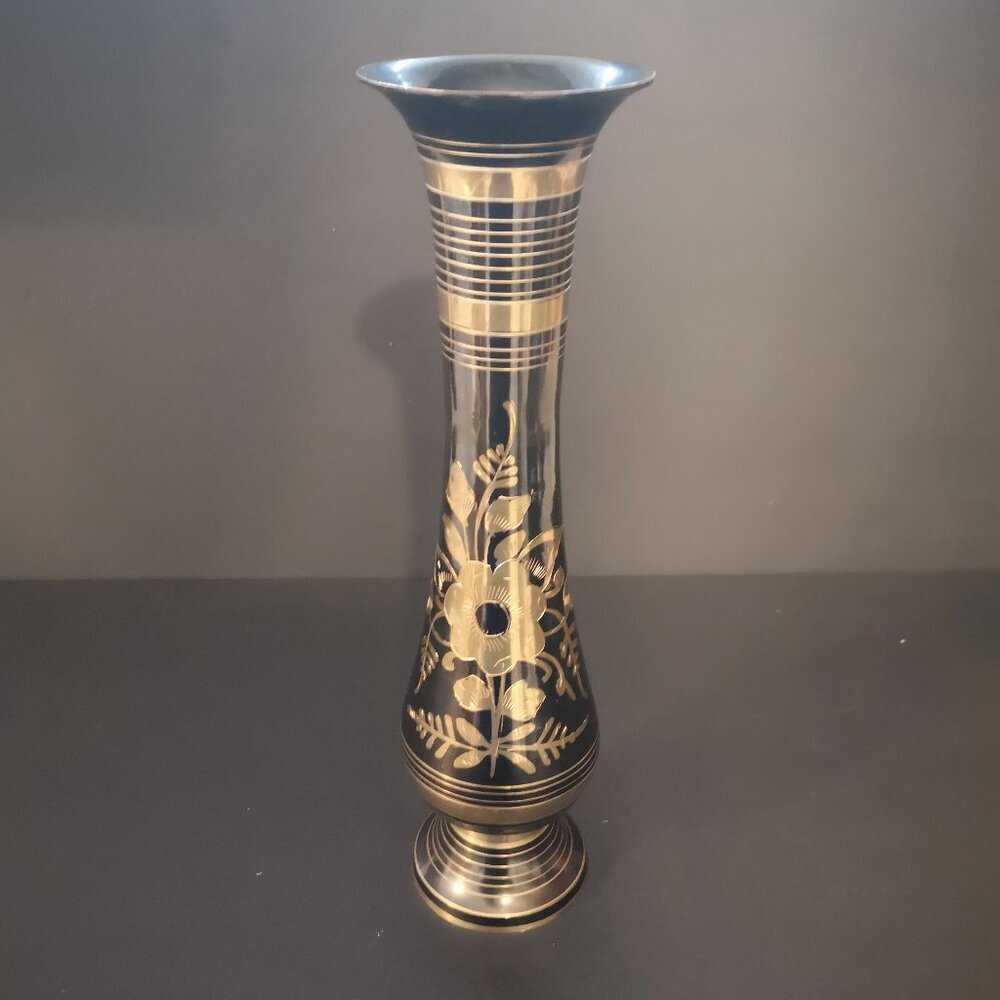 VTG 11.5" Tall Solid Brass Black Finish w/ Intricate Floral Etchings Vase